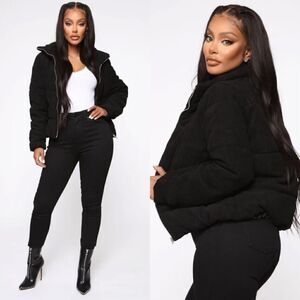 Fashion Nova Corduroy Black Puffer Jacket Size M